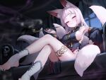  1girl animal_ears blush breasts commentary_request crossed_legs detached_sleeves dress fox_ears fox_girl fox_tail grey_hair highres holding holding_smoking_pipe jewelry kiseru long_hair looking_at_viewer medium_breasts multiple_tails night nyahu_(nyahu_77) original parted_lips red_eyes sideboob sitting smile smoke smoking_pipe solo stirrup_legwear tail thighlet toeless_legwear 