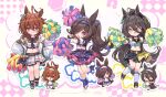  3girls agnes_tachyon_(umamusume) ahoge alternate_costume animal_ears black_hair black_jacket black_sailor_collar black_socks blue_headband blue_socks blush breasts brown_hair cheerleader chibi coat commentary_request flipped_hair hair_between_eyes hair_over_one_eye headband holding holding_pom_poms horse_ears horse_girl horse_tail jacket lab_coat long_bangs long_hair long_hair_between_eyes long_sleeves looking_at_viewer manhattan_cafe_(umamusume) medium_hair midriff multicolored_hair multiple_girls navel open_clothes open_coat open_jacket pom_pom_(cheerleading) ponytail purple_eyes red_eyes rice_shower_(umamusume) sailor_collar shirt shoes skirt small_breasts smile socks standing standing_on_one_leg tail umamusume welchino white_coat white_hair white_headband white_socks yellow_eyes 