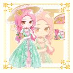  1girl animal_print artist_request border bouquet brown_eyes brown_hat butterfly_print chibi chinese_commentary close-up closed_mouth commentary_request commission daisy_(flower) dress eyes_visible_through_hair floral_print flower frilled_gloves frilled_hat frills gloves gown green_dress hair_flower hair_ornament hand_on_own_chest happy hat highres holding holding_bouquet infinity_nikki lace-trimmed_dress lace-trimmed_headwear lace_trim layered_dress long_hair nikki_(nikki) nikki_(series) outline outside_border pendant_earrings picture_frame pink_dress pink_flower pink_hair pink_ribbon pink_rose print_dress ribbon rose second-party_source short_sleeves sidelocks smile solo sun_hat tsurime under-elbow_gloves verdant_melodies_(infinity_nikki) very_long_hair waist_ribbon wavy_hair white_border white_flower white_gloves white_outline white_sleeves yellow_background yellow_flower yellow_rose zoom_layer 