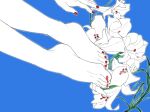  1girl barefoot commentary_request feet feet_only fingernails flower foot_focus highres limited_palette nail_polish original outline plantar_flexion red_nails solo spot_color toenail_polish toenails white_flower white_lily white_outline yoauuki 
