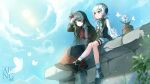  2girls absurdres armband belt beret black_capelet black_choker black_coat black_hair black_hat black_shirt black_shoes black_skirt blue_sky bug butterfly capelet center_frills choker closed_mouth cloud cloudy_sky coat collared_coat collared_shirt commentary_request crown flower flower-trimmed_shorts flower-trimmed_sleeves flower_pot frilled_socks frills from_above gloves gradient_hair hair_flower hair_ornament hat hat_flower hat_ribbon highres layered_skirt long_hair long_skirt long_sleeves looking_at_viewer mahou_shoujo_no_majo_saiban mary_janes multicolored_hair multiple_girls neck_ribbon necktie nikaido_hiro o-ring o-ring_thigh_strap on_roof pink_eyes pink_hair plaid_clothes plaid_skirt puffy_sleeves red_armband red_eyes red_flower red_necktie red_skirt ribbon sakuraba_ema shirt shoes short_hair side_capelet siocm sitting sitting_on_roof skirt sky sleeveless sleeveless_coat smile socks sun thigh_strap watermark white_butterfly white_flower white_gloves white_hair white_ribbon white_shirt white_sleeves white_socks x_hair_ornament 