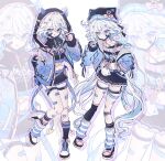  2girls ahoge animal_hat asymmetrical_footwear bandaid bandaid_on_face bandaid_on_leg bandaid_on_shoulder black_hat black_nails black_shorts black_skirt black_socks blue_eyes blue_leg_warmers blue_streaks bow bow_legwear cat_hat choker closed_mouth clothes_writing commentary crop_top dot_nose dual_persona fake_horns full_body furina_(genshin_impact) genshin_impact hair_between_eyes hair_intakes hair_ornament hand_in_pocket hat hat_bow heart heart_hair_ornament heterochromia highres hood hood_up hooded_jacket horns jacket jacket_partially_removed kneehighs leg_up leg_warmers long_hair long_sleeves medium_hair midriff mismatched_footwear mouth_mask_under_chin multicolored_hair multiple_girls nail_polish open_clothes open_jacket open_mouth over-kneehighs pink_bow pink_choker pink_trim pleated_skirt shorts single_claw_pose single_over-kneehigh single_thighhigh skirt socks solo streaked_hair striped_blush striped_leg_warmers thigh_strap thighhighs touyu_1210 triangle_hair_ornament v very_long_hair white_hair x_hair_ornament zoom_layer 