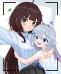  1boy 1girl :d absurdres ahoge bare_arms basher blue_bow blue_eyes blue_hair blue_shirt blunt_bangs blush boros_(ouro_kronii) bow breasts brown_hair closed_mouth commentary crossdressing crossdressing_(mtf) dress english_commentary green_eyes grey_hair hair_between_eyes hair_bow hair_intakes heart highres hololive hololive_english hug long_hair looking_at_viewer open_mouth personification pointy_ears sally_(ouro_kronii) selfie shirt short_hair sleeveless sleeveless_dress smile trap viewfinder virtual_youtuber white_dress 