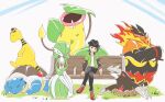  1boy ampharos asatsuki_(fgfff) bench black_hair black_hat black_pants blastoise bracelet closed_mouth commentary_request crossed_legs emboar excadrill gardevoir grass green_jacket grey_eyes hat highres jacket jewelry long_sleeves male_focus open_clothes open_jacket pants paxton_(pokemon) pokemon pokemon_(creature) pokemon_legends:_z-a red_shoes shoes short_hair sitting smile victreebel 