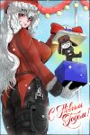  1boy 1girl absurdres alpha_(alpha_1918) alternate_breast_size_(larger) alternate_costume ass belt black_pantyhose blush breasts brown_belt christmas dancing from_behind fur-trimmed_jacket fur_trim gift gloves grin happy_new_year hat highres holding holding_gift jacket large_breasts long_hair looking_at_viewer mastcom0 original pantyhose parted_lips red_eyes red_jacket red_star red_tailcoat santa_hat skindentation smile star_(symbol) tailcoat thigh_strap translated ushanka very_long_hair white_gloves white_hair 