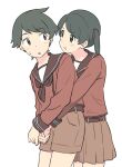  2girls :t belt black_ribbon blush brown_belt brown_neckerchief brown_sailor_collar brown_shorts brown_skirt commentary_request cowboy_shot green_eyes green_hair hair_ribbon hug hug_from_behind kantai_collection long_hair long_sleeves looking_at_another mikuma_(kancolle) miniskirt mogami_(kancolle) multiple_girls neckerchief open_mouth parted_bangs pleated_skirt pout red_shirt ribbon sailor_collar shirt short_hair short_shorts shorts siblings sidelocks simple_background sisters skirt standing sweat twintails wachi_(hati1186) white_background yuri 