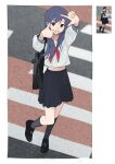  1girl absurdres arms_up bag black_bag black_shoes black_skirt black_socks blue_hair blue_sailor_collar brown_eyes crosswalk highres idolmaster idolmaster_(classic) kisaragi_chihaya long_hair long_sleeves looking_at_viewer neckerchief outdoors red_neckerchief redrawn reference_inset sailor_collar sailor_shirt school_bag school_uniform serafuku shirt shoes shoulder_bag skirt soayo socks solo standing white_shirt 