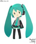  1girl aqua_eyes aqua_hair aqua_necktie bare_shoulders black_boots black_skirt bon_bon_eee boots chibi chibi_only commentary copyright_name detached_sleeves full_body grey_shirt hatsune_miku headset highres long_hair looking_at_viewer necktie number_tattoo pleated_skirt shirt shoulder_tattoo simple_background skirt sleeveless sleeveless_shirt smile solo standing tattoo thigh_boots twintails very_long_hair vocaloid vocaloid_boxart_pose white_background 