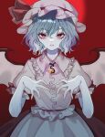  1girl back_bow bat_wings blue_hair bow brooch collared_shirt commentary_request derivative_work embodiment_of_scarlet_devil frilled_shirt_collar frills full_moon hat hat_ribbon highres jewelry mob_cap moon neon_(co2co8) official_art_redraw pink_hat pink_shirt pink_skirt puffy_short_sleeves puffy_sleeves red_bow red_eyes red_moon red_sky remilia_scarlet ribbon shirt short_hair short_sleeves skirt skirt_set sky solo sprite_redraw touhou wings zun_pose 