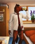  anthro balls bed beverage bottomless coffee equine erection facial_hair flared_penis hair horse horsecock male mammal morning_wood morticus necktie penis sheath solo standing 