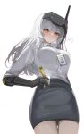  1girl absurdres alternate_costume black_skirt breasts goddess_of_victory:_nikke head-mounted_display highres id_card light_blush long_hair mechanical_arms office_lady pencil_skirt shirt single_mechanical_arm skirt snow_white_(nikke) solo white_background white_hair yakii_(yak11) yellow_eyes 