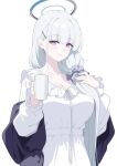  1girl blue_archive blunt_bangs breasts cleavage collarbone cup dress grey_hair hair_ornament hair_scrunchie hairclip halo highres holding holding_cup large_breasts long_hair looking_at_viewer low_side_ponytail noa_(blue_archive) noa_(pajamas)_(blue_archive) purple_eyes purple_shawl reia_76 scrunchie shawl side_ponytail smile solo white_dress white_halo 
