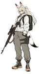  1girl absurdres animal_ear_fluff animal_ears backpack bag battle_rifle black_shoes brown_eyes brown_hair cargo_pants commentary full_body glock grey_pants gun hair_between_eyes hand_in_pocket handgun highres holstered jacket kisaragi_shokuin long_hair m14 original pants ponytail rifle scope shoes simple_background sniper_rifle solo standing tail untranslatable_commentary weapon white_background white_jacket 
