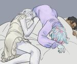  3boys blanket blue_scales body_freckles colored_skin crossdressing crossdressing_(mtf) dress edward_hargrieve fish_boy freckles iridescent iridescent_hair iridescent_skin lachlann_(sframboob) male_focus monster_boy multiple_boys nixie_(mythology) oskar_(sframboob) scales sframboob shared_bed short_hair siren_(mythology) siren_and_scientist sketch sleeping sleeping_on_person sleeping_together trap white_hair white_skin 