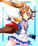  1girl animal_ears ascot asymmetrical_gloves blue_eyes blue_gloves blush breasts brown_hair buttons cape double-breasted ear_ribbon epaulettes gloves hair_between_eyes horse_ears horse_girl horse_tail jacket long_hair long_sleeves looking_at_viewer mismatched_gloves multicolored_hair multicolored_jacket open_mouth pink_ascot ponytail red_cape single_epaulette single_hair_streak skirt small_breasts smile solo streaked_hair tail tofu_thunder tokai_teio_(peak_joy)_(umamusume) tokai_teio_(umamusume) two-tone_hair two-tone_jacket two-tone_skirt umamusume v white_gloves white_hair white_jacket white_skirt white_streaks wide_sleeves 