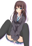  aqua_eyes black_legwear brown_hair cardigan fuuma_(humawww) idolmaster idolmaster_cinderella_girls long_hair long_sleeves looking_at_viewer necktie school_uniform shibuya_rin skirt solo thighhighs white_background 