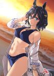  1girl abo_(hechouchou) animal_ears beach bikini black_hair blue_bikini blue_eyes breasts closed_mouth cloud commentary_request dutch_angle eishin_flash_(reines_plaetschern)_(umamusume) eishin_flash_(umamusume) frilled_bikini frills hair_between_eyes horizon horse_ears horse_girl horse_tail looking_at_viewer medium_breasts ocean official_alternate_hairstyle orange_sky outdoors revision robe short_hair sky solo sunset swimsuit tail thighs umamusume white_robe 