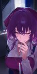  1girl absurdres alternate_costume apron berserker_r breasts chinese_commentary cigarette cleavage commentary_request cosplay employee_uniform hair_between_eyes highres holding holding_cigarette honkai:_star_rail honkai_(series) id_card kafka_(honkai:_star_rail) large_breasts long_hair name_tag one_eye_closed purple_apron purple_eyes purple_hair shirt smoke smoking solo store_clerk striped_clothes striped_shirt super_no_ura_de_yani_suu_futari vertical-striped_clothes vertical-striped_shirt white_shirt yamada_(super_no_ura_de_yani_suu_futari) yamada_(super_no_ura_de_yani_suu_futari)_(cosplay) 