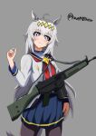  1girl absurdres ahoge animal_ears battle_rifle blue_eyes blue_sailor_collar blue_skirt blush_stickers brown_pantyhose closed_mouth commentary cowboy_shot grey_background grey_hair gun gun_sling h&amp;k_g3 highres horse_ears horse_girl horse_tail jacket kampfnscheisse long_hair long_sleeves multicolored_hair oguri_cap_(starlight_beat)_(umamusume) oguri_cap_(umamusume) pantyhose pleated_skirt rifle sailor_collar shirt simple_background skirt smile solo standing tail twitter_username two-tone_hair umamusume very_long_hair weapon white_hair white_jacket white_shirt 