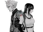  1boy 1girl absurdres armor back-to-back bare_shoulders black_gloves black_hair blue_eyes breasts closed_mouth cloud_strife collarbone commentary_request crop_top earrings elbow_gloves final_fantasy final_fantasy_vii final_fantasy_vii_remake from_side gloves greyscale highres jewelry konasu_(01burst) long_hair medium_breasts midriff monochrome navel profile red_eyes ribbed_sweater short_hair shoulder_armor signature sleeveless sleeveless_turtleneck spiked_hair spot_color stud_earrings suspenders sweater tank_top tifa_lockhart turtleneck turtleneck_sweater twitter_username upper_body white_background white_tank_top 