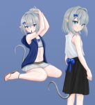  1boy absurdres bare_arms basher black_skirt blue_background blue_bow blue_eyes blue_jacket boros_(ouro_kronii) bow brown_sandals closed_mouth commentary crossdressing crossdressing_(mtf) english_commentary grey_hair grey_skirt hair_bow hair_intakes hair_ornament highres hololive hololive_english jacket looking_at_viewer male_focus mouth_hold navel open_clothes open_jacket personification pointy_ears sandals shirt short_hair simple_background sitting skirt sleeveless sleeveless_jacket sleeveless_shirt smile snake_boy snake_tail stomach tail trap tying_hair virtual_youtuber white_shirt 