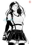  1girl absurdres bare_shoulders black_gloves black_hair black_skirt bracelet breasts clenched_hand closed_mouth collarbone commentary_request cowboy_shot crop_top earrings elbow_gloves final_fantasy final_fantasy_vii final_fantasy_vii_remake fingerless_gloves gloves gloves_over_elbow_gloves greyscale highres jewelry konasu_(01burst) large_breasts long_hair midriff miniskirt monochrome navel signature skirt solo spot_color suspender_skirt suspenders tank_top tifa_lockhart twitter_username white_background white_tank_top zettai_ryouiki 