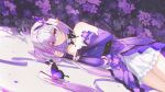  1girl bare_shoulders bright_pupils bug butterfly butterfly_hair_ornament castorice_(gossamer_flutter)_(honkai:_star_rail) castorice_(honkai:_star_rail) chinese_commentary commentary_request detached_sleeves dress dress_flower flower gleam_lin_shi hair_ornament highres honkai:_star_rail honkai_(series) long_hair looking_at_viewer lying official_alternate_costume on_side pointy_ears purple_butterfly purple_dress purple_eyes purple_flower purple_hair smile solo strapless strapless_dress very_long_hair white_pupils 