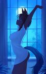  1girl ahoge animal_ears arched_back arms_up backlighting blue_theme bottomless breasts closed_mouth commentary_request corrupted_twitter_file curtains from_side fuji_kiseki_(umamusume) full_moon hand_on_own_arm highres horse_ears horse_girl horse_tail indoors looking_ahead medium_breasts moon moonlight naked_shirt night nipples no_bra outstretched_arm sakamo_nemo see-through_clothes see-through_shirt see-through_silhouette shirt shirt_overhang short_sleeves signature sky solo standing star_(sky) starry_sky stretching tail umamusume white_shirt window 