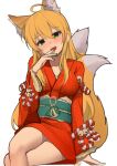  1girl absurdres animal_ear_fluff animal_ears blonde_hair breasts commission crepe_commission fingernails fox_ears fox_girl fox_tail green_eyes green_nails green_sash hair_between_eyes hand_up highres hoshii_miki idolmaster idolmaster_(classic) japanese_clothes kimono kouhaku_nawa long_hair long_sleeves looking_at_viewer multiple_tails nail_polish obi open_mouth red_kimono rope sash shimenawa simple_background sitting soayo solo tail two_tails white_background 