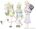  3girls aoba_(blue_archive) aoba_(kujibikido)_(blue_archive) barefoot blue_archive blue_nightgown commentary_request full_body green_hair grid_shawl hair_between_eyes hair_over_shoulder halo hands_up hayashi_kewi highres hikari_(blue_archive) hikari_(kujibikido)_(blue_archive) jacket long_hair long_sleeves looking_at_viewer low_side_ponytail multiple_girls multiple_tails nightgown nozomi_(blue_archive) nozomi_(kujibikido)_(blue_archive) off_shoulder official_art open_clothes open_jacket open_mouth pointy_ears purple_nightgown shuppo_(blue_archive) siblings side_ponytail simple_background sisters slippers smile standing tail twins v-shaped_eyebrows very_long_hair white_background yellow_chemise yellow_eyes 