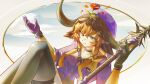  1girl absurdres aqua_eyes arknights black_gloves black_horns black_pantyhose brown_hair closed_mouth commentary english_commentary flower flower_on_head gloves hair_between_eyes hair_ornament headscarf highres holding horns long_hair long_sidelocks nikov pallas_(arknights) pantyhose purple_gloves purple_shirt red_flower red_rose rose shirt short_sleeves sidelocks smile solo x_hair_ornament 