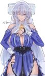  1girl absurdres ascot bare_shoulders blue_dress breasts clothing_cutout commentary cowboy_shot deex dress earrings grey_hair hair_over_one_eye hand_up highres jewelry large_breasts long_hair looking_at_viewer mole mole_under_mouth one_eye_closed pointy_ears purple_eyes shoulder_cutout solo thighhighs tongue tongue_out veil velina_airgid white_thighhighs white_veil yellow_ascot zenless_zone_zero 