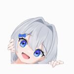  1boy :d basher blue_bow blue_eyes border boros_(ouro_kronii) bow commentary english_commentary fang grey_hair hair_between_eyes hair_bow hair_intakes hololive hololive_english looking_at_viewer male_focus open_mouth outside_border personification pointy_ears portrait short_hair simple_background skin_fang smile solo trap virtual_youtuber white_background 