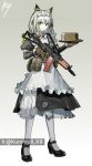  1girl aks-74u animal_ears apron arknights assault_rifle belt belt_buckle black_dress black_shoes bow bowtie brown_gloves buckle buttons cat_ears cat_girl chinese_commentary closed_mouth commentary_request dress enmaided frills full_body gloves gradient_background green_eyes grey_background grey_hair gun highres holding holding_tray juliet_sleeves kal'tsit_(arknights) kal'tsit_(the_remains_of_time)_(arknights) kalashnikov_rifle kuroinu9 long_sleeves looking_at_viewer maid maid_apron medium_hair official_alternate_costume pantyhose pouch puffy_sleeves rifle shoes sleeve_belt sleeve_garter solo standing traditional_bowtie tray trigger_discipline twitter_username watermark weapon white_apron white_background white_belt white_bow white_bowtie white_pantyhose 