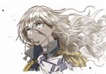  1girl :d ascot black_jacket blonde_hair commentary epaulettes floating floating_hair floating_object from_behind frown grey_eyes high_collar jacket long_hair looking_at_viewer magic:_the_gathering parted_lips portrait smile solo tabetsu94 thalia_(mtg) wind 