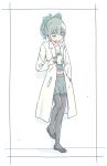  1girl black_border black_pantyhose black_shoes blunt_bangs border bow bowtie coat collarbone commentary_request cropped_shirt cup full_body green_bow green_hair green_skirt grey_shirt hair_bow hand_in_pocket highres holding holding_cup kantai_collection lab_coat midriff mug navel orange_bow orange_bowtie pantyhose pleated_skirt ponytail sailor_collar shirt shoes sidelocks simple_background skirt solo standing wachi_(hati1186) white_background white_coat white_sailor_collar yellow_eyes yuubari_(kancolle) 