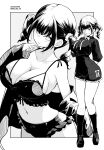  1girl artist_name breasts cleavage commentary_request dated full_body grey_background greyscale highres kichihachi large_breasts looking_at_viewer midriff monochrome multiple_views navel original shoes short_hair socks standing twintails two-tone_background white_background 