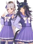  2girls animal_ears back_bow black_hair blunt_bangs bow bowtie breasts brown_hat ear_bow ear_ribbon ears_through_headwear fenomeno_(umamusume) flipped_hair gold_ship_(umamusume) grey_hair hat highres horse_ears horse_girl horse_tail horseshoe_ornament large_bow long_hair long_sleeves multicolored_hair multiple_girls open_mouth peaked_cap pillbox_hat pleated_skirt purple_bow purple_eyes purple_hair purple_sailor_collar purple_serafuku purple_shirt purple_skirt purple_thighhighs sailor_collar sailor_shirt school_uniform serafuku shirt sikgoisikst skirt smile stay_gold_clan_(umamusume) sweatdrop tail thighhighs tracen_school_uniform umamusume v w white_bow white_bowtie winter_uniform 