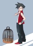  1boy asatsuki_(fgfff) bird_keeper_(pokemon) birdcage black_eyes black_hair black_pants cage closed_mouth commentary_request full_body grey_background hand_up highres male_focus open_clothes open_vest pants pokemon pokemon_ruby/sapphire/emerald red_shoes red_vest shirt shoes short_hair sleeveless sleeveless_shirt solo spiked_hair standing vest white_shirt wristband 