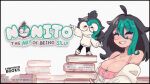  2girls ahoge akane_k0 akane_ko artist_self-insert black_hair black_pants book book_stack breasts cleavage closed_eyes company_name full_body glasses green_hair heart holding holding_book hood hoodie large_breasts logo long_hair mini_person multicolored_hair multiple_girls nonito_(akane_k0) off_shoulder original pants pink_tank_top round_eyewear shiny_skin shoes smile sneakers tank_top teeth title two-tone_hair 