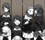  breasts cleavage column_lineup crazy_smile girls_und_panzer hair_pulled_back horror_(theme) isobe_noriko kawanishi_shinobu kaya_(nari1-24) kondou_taeko medium_breasts military military_uniform monochrome multiple_girls navel ooarai_military_uniform sasaki_akebi short_hair skirt uniform 