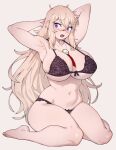  1girl absurdres arms_behind_head blonde_hair blush borrowed_character bra breasts commentary curvy feathers flowerpigeon freckles full_body highres huge_breasts jewelry lace lace_bra lace_panties lingerie long_hair navel necklace open_mouth original panties pendant purple_bra purple_eyes purple_panties simple_background sitting solo thick_eyebrows underwear underwear_only very_long_hair wariza 