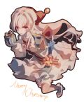 1girl absurdres apron arcaea beret blue_bow bow bowtie commentary dress frilled_dress frilled_thigh_strap frills fur-trimmed_thighhighs fur_trim gem_hat_ornament gift grey_eyes hat hat_ribbon highres hikari_(arcaea) hikari_(fracture)_(arcaea) holding holding_gift long_hair long_sleeves merry_christmas pink_apron puffy_sleeves red_bow red_hat rei_rigel ribbon santa_hat simple_background smile solo thigh_strap thighhighs two-tone_bow white_background white_dress white_hair 