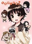  &gt;_o :d ;&gt; ;q black_hair blush_stickers brown_eyes brown_hair camera cardigan chibi chibi_inset doll_hug glass hanawa_kaoru miyoshi_chihiro mizuki_gyokuran multiple_girls musical_note okazaki_norie one_eye_closed open_cardigan open_clothes open_mouth pink_background ponytail sakurada_maon sawatari_fuu school_uniform serafuku short_hair smile solid_circle_eyes stuffed_animal stuffed_toy sweater tamayura tongue tongue_out twintails whistling 