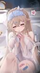  1girl absurdres anchorage_(azur_lane) anchorage_(sweet_evening_milk)_(azur_lane) azur_lane bandaid bandaid_on_knee bandaid_on_leg breasts brown_hair closed_eyes commentary_request drink_carton drinking drinking_straw hair_ornament hairclip heart highres holding holding_drink_carton holding_milk_carton large_breasts light_blush long_hair mask mask_on_head milk_carton official_alternate_costume refrigerator shirt signature single_off_shoulder sleep_mask solo speech_bubble spoken_heart t-shirt tanoki233 white_shirt x_hair_ornament 