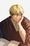  1boy absurdres blonde_hair closed_mouth commentary_request ear_piercing hand_on_own_face highres japanese_clothes jujutsu_kaisen male_focus piercing rladmswls000 short_hair simple_background smile solo white_background yellow_eyes zen'in_naoya 