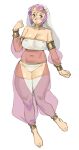  1girl absurdres alternate_breast_size_(larger) anklet armlet bandeau bare_shoulders barefoot blue_eyes bodystocking bracelet breasts circlet cleavage collarbone commentary covered_navel dancer detached_sleeves english_commentary fire_emblem fire_emblem_fates forehead_jewel full_body gold_anklet gold_armlet gold_bracelet gold_choker gold_circlet hand_up harem_outfit highres jewelry juicet1n large_breasts layla_(fire_emblem) looking_at_viewer panties parted_lips pink_hair see-through_clothes see-through_legwear see-through_sleeves short_hair skindentation solo thick_thighs thighhighs thighs underwear veil white_bandeau white_panties white_thighhighs 