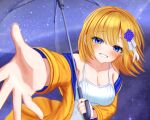  1girl absurdres bare_shoulders basher blonde_hair blue_eyes blush breasts cleavage commentary english_commentary flower hair_flower hair_ornament highres holding holding_umbrella hololive hololive_english jacket jacket_partially_removed large_breasts long_sleeves looking_at_viewer mole mole_on_breast open_hand parted_lips reaching reaching_towards_viewer short_hair smile solo tank_top umbrella upper_body virtual_youtuber watson_amelia white_tank_top yellow_jacket 