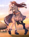  2girls absurdres aircraft beret black_dress black_hair black_hat black_pantyhose black_shoes building chinese_commentary closed_eyes cloud commentary_request commission dress evening floating_hair frilled_socks frills full_body gradient_hair grass grey_jacket hand_on_another's_cheek hand_on_another's_face hat helicopter highres hug jacket long_hair long_sleeves mahou_shoujo_no_majo_saiban miniskirt multicolored_hair multiple_girls nikaido_hiro open_mouth outdoors pantyhose pink_eyes plaid_clothes plaid_skirt pleated_skirt profile ritzchrono sakuraba_ema second-party_source shoes short_hair shorts skirt sky smile socks standing sunset tearing_up watermark white_hair white_shorts white_socks 