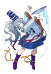  1girl arched_back blue_hat blue_skirt boots dress footwear_ribbon grey_eyes grey_hair grin hat hat_ribbon long_sleeves looking_at_viewer mononobe_no_futo neck_ribbon plate ponytail purple_boots purple_ribbon red_ribbon ribbon skirt smile solo tate_eboshi texusa1 thick_eyebrows touhou white_dress wide_sleeves yellow_ribbon 